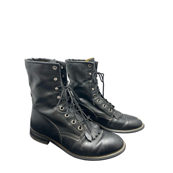 Black Western Lace Up Boots with Fringe Size 8 - Picture 1 of 9